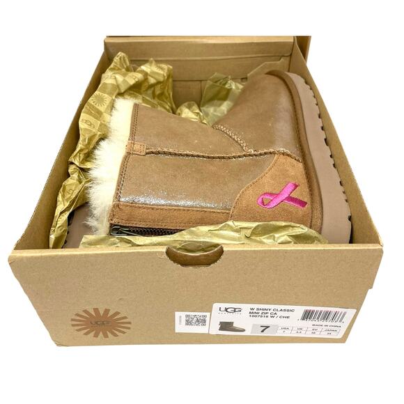 UGG Size 7 Shiny Classic Mini Zip Cancer Awareness Chestnut Boots NEW IN BOX - Picture 3 of 16